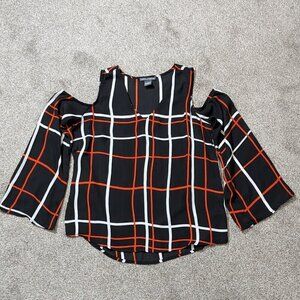 CHELSEA & THEODORE Black/Red Sheer Chiffon Cold Shoulder Tunic Top; Size S